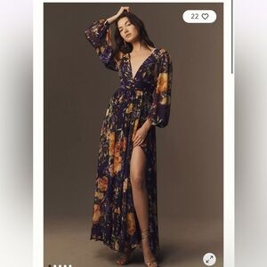 BHLDN Long Sleeve V-Neck Sheer Maxi Dress